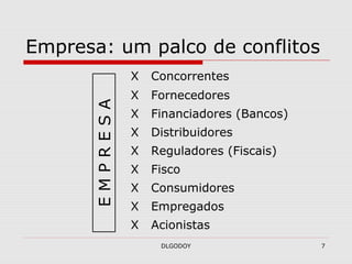 DLGODOY 7
Empresa: um palco de conflitos
X Concorrentes
X Fornecedores
X Financiadores (Bancos)
X Distribuidores
X Reguladores (Fiscais)
X Fisco
X Consumidores
X Empregados
X Acionistas
EMPRESA
 