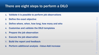 ©2017-2019Wevalgo.Allrightsreserved.Proprietaryandconfidential3-Oct-18
29
There are eight steps to perform a DILO
1. Validate it is possible to perform job observations
2. Define the exact objective
3. Define where, when, how long, how many and who
4. Customise and validate the DILO templates
5. Prepare the job observation
6. Execute the job observation
7. Build the report and feedback
8. Perform additional analysis –Value-Add increase
 