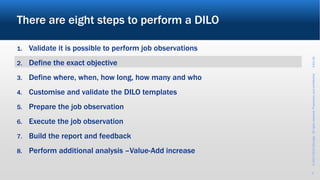 ©2017-2019Wevalgo.Allrightsreserved.Proprietaryandconfidential3-Oct-18
6
There are eight steps to perform a DILO
1. Validate it is possible to perform job observations
2. Define the exact objective
3. Define where, when, how long, how many and who
4. Customise and validate the DILO templates
5. Prepare the job observation
6. Execute the job observation
7. Build the report and feedback
8. Perform additional analysis –Value-Add increase
 