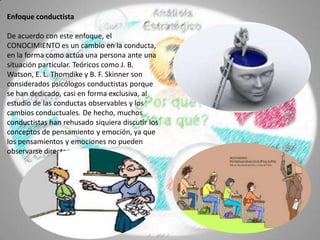 Enfoque conductista
De acuerdo con este enfoque, el
CONOCIMIENTO es un cambio en la conducta,
en la forma como actúa una persona ante una
situación particular. Teóricos como J. B.
Watson, E. L. Thomdike y B. F. Skinner son
considerados psicólogos conductistas porque
se han dedicado, casi en forma exclusiva, al
estudio de las conductas observables y los
cambios conductuales. De hecho, muchos
conductistas han rehusado siquiera discutir los
conceptos de pensamiento y emoción, ya que
los pensamientos y emociones no pueden
observarse directamente.
 