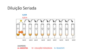 Diluição Seriada
0,25 SF 0,25 SF 0,25 SF 0,25 SF 0,25 SF 0,25 SF 0,25 SF 0,25 SF 0,25 SF
0,25 A
LEGENDAS:
A= AMOSTRA SF = SOLUÇÃO FISÍOLÓGICA R= REAGENTE
0,25R
 