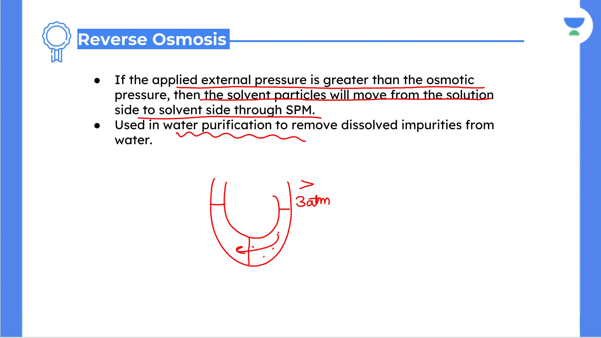 ● If the applied external pressure is greater than the osmotic
pressure, then the solvent particles will move from the solution
side to solvent side through SPM.
● Used in water purification to remove dissolved impurities from
water.
Reverse Osmosis
 