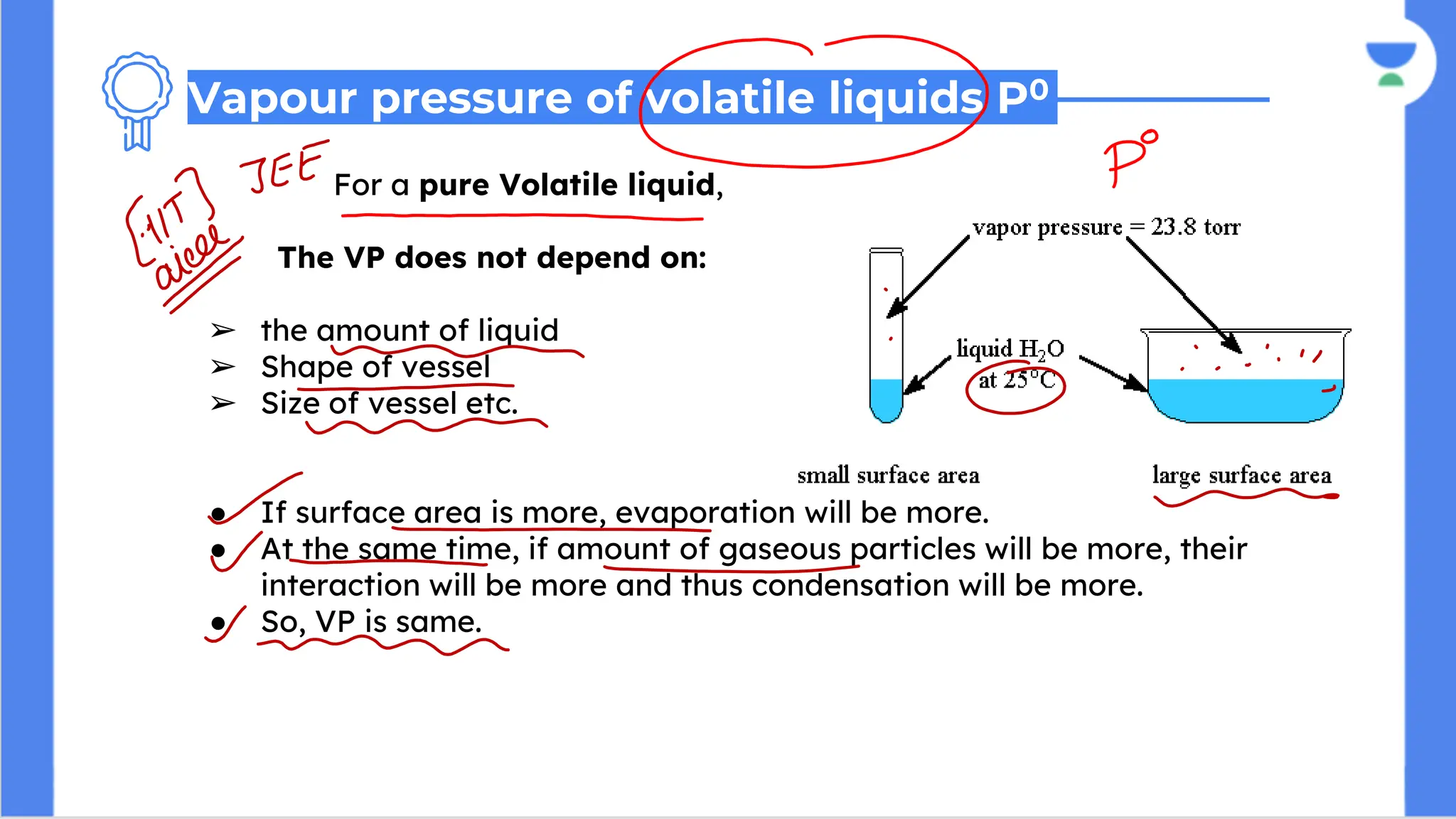 For a pure Volatile liquid,
VP i The VP does not depend on:
➢ the amount of liquid
➢ Shape of vessel
➢ Size of vessel etc.
● If surface area is more, evaporation will be more.
● At the same time, if amount of gaseous particles will be more, their
interaction will be more and thus condensation will be more.
● So, VP is same.
Vapour pressure of volatile liquids P0
 