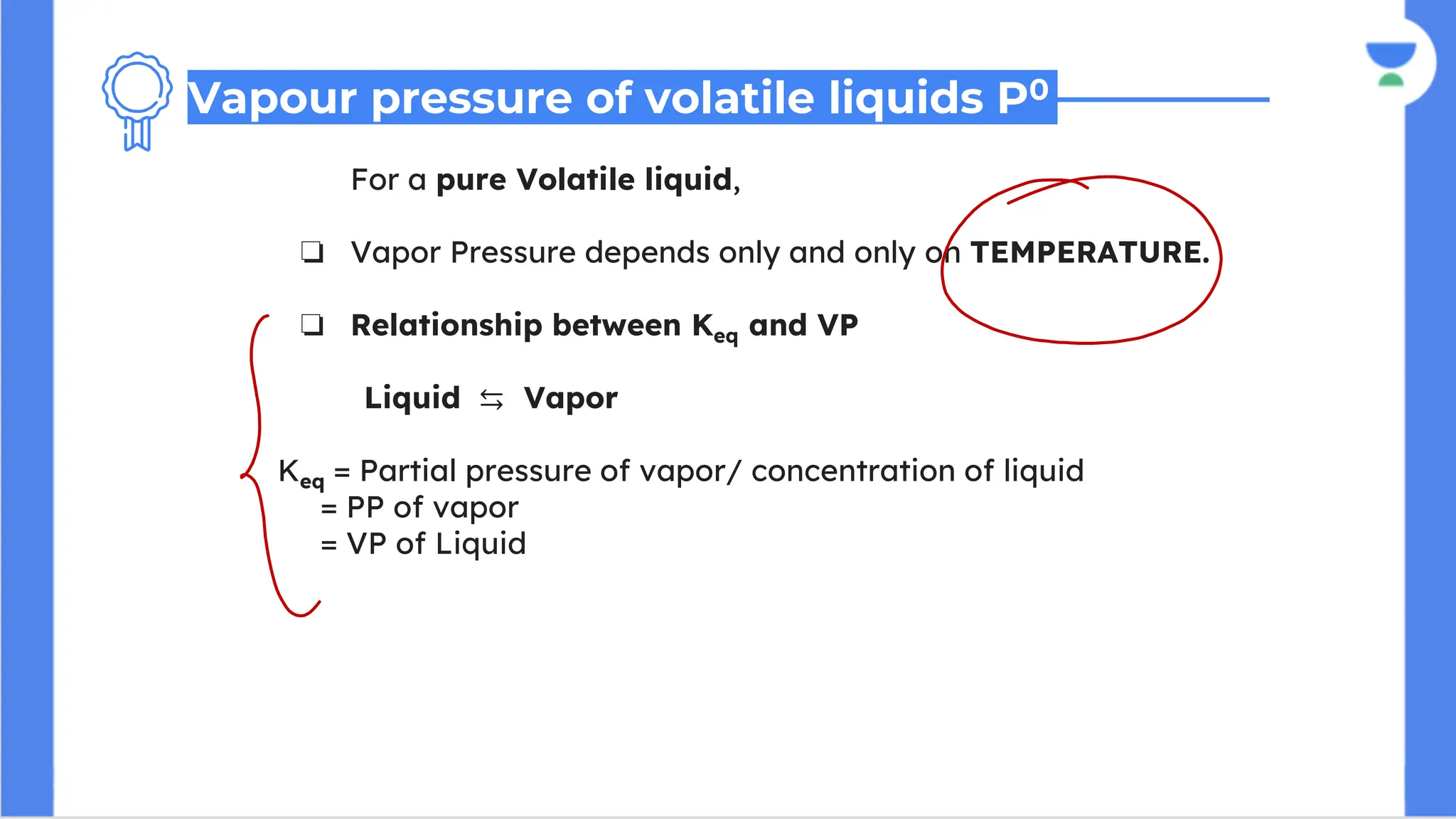 For a pure Volatile liquid,
❏ Vapor Pressure depends only and only on TEMPERATURE.
❏ Relationship between Keq and VP
Liquid ⇆ Vapor
Keq = Partial pressure of vapor/ concentration of liquid
= PP of vapor
= VP of Liquid
Vapour pressure of volatile liquids P0
 