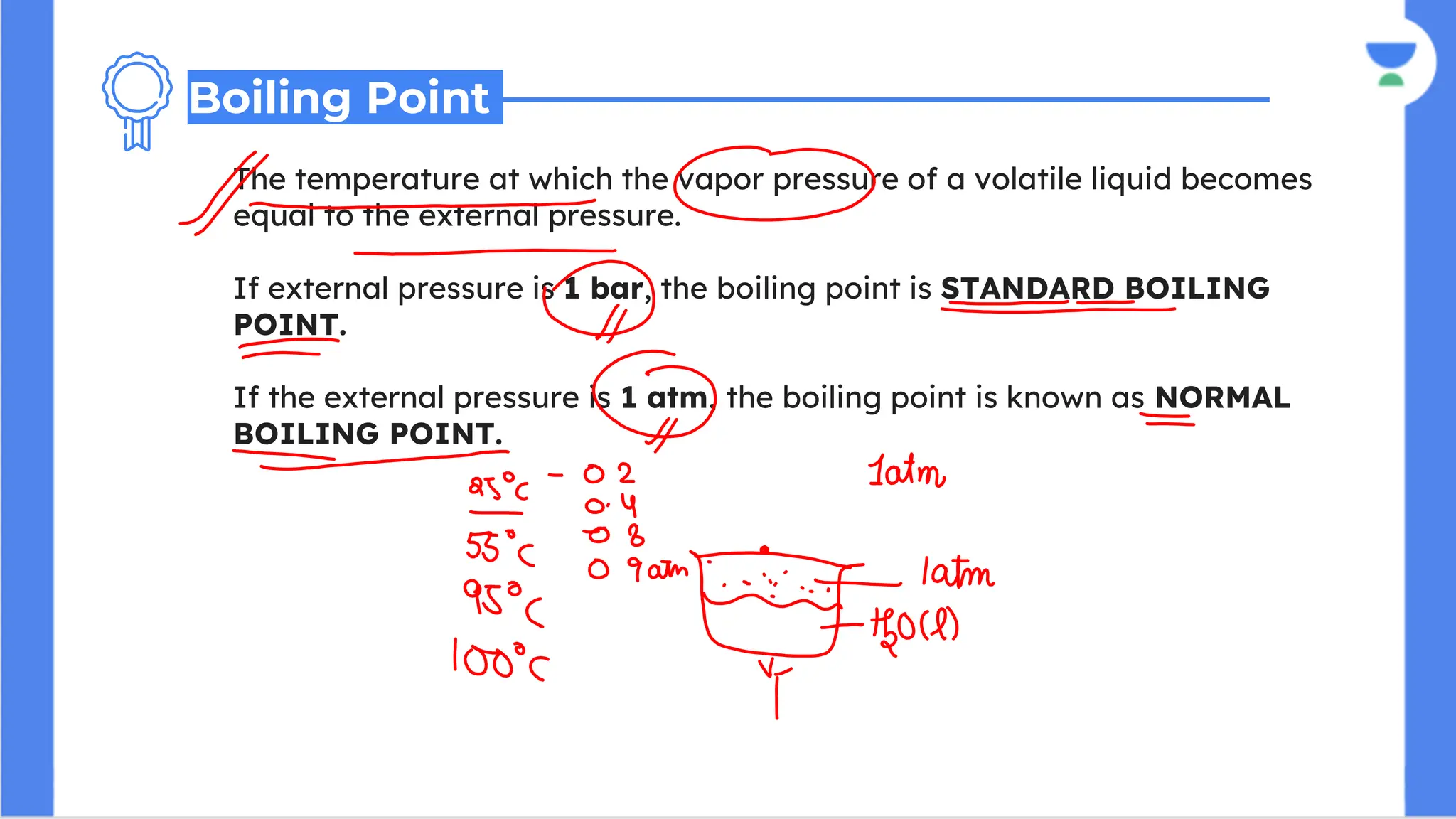 The temperature at which the vapor pressure of a volatile liquid becomes
equal to the external pressure.
If external pressure is 1 bar, the boiling point is STANDARD BOILING
POINT.
If the external pressure is 1 atm, the boiling point is known as NORMAL
BOILING POINT.
Boiling Point
 