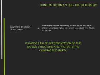 CONTRACTS ON A FULLY
DILUTED BASIS
When making contract, the company assumes that the amounts of
shares from contracts in place have already been issued, even if that is
not the case.
IT AVOIDS A FALSE REPRESENTATION OF THE
CAPITAL STRUCTURE AND PROTECTS THE
CONTRACTING PARTY.
=
CONTRACTS ON A “FULLY DILUTED BASIS”
 