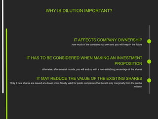 WHY IS DILUTION IMPORTANT?
IT AFFECTS COMPANY OWNERSHIP
how much of the company you own and you will keep in the future
IT HAS TO BE CONSIDERED WHEN MAKING AN INVESTMENT
PROPOSITION
otherwise, after several rounds, you will end up with a non-satisfying percentage of the shares
IT MAY REDUCE THE VALUE OF THE EXISTING SHARES
Only if new shares are issued at a lower price. Mostly valid for public companies that benefit only marginally from the capital
infusion
 
