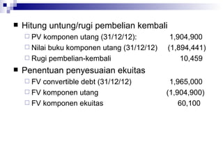 Hitung untung/rugi pembelian kembali PV komponen utang (31/12/12): 1,904,900 Nilai buku komponen utang (31/12/12)  (1,894,441) Rugi pembelian-kembali   10,459 Penentuan penyesuaian ekuitas FV convertible debt (31/12/12) 1,965,000 FV komponen utang   (1,904,900) FV komponen ekuitas   60,100 