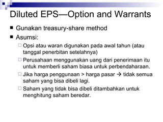 Diluted EPS—Option and Warrants Gunakan treasury-share method Asumsi: Opsi atau waran digunakan pada awal tahun (atau tanggal penerbitan setelahnya) Perusahaan menggunakan uang dari penerimaan itu untuk memberli saham biasa untuk perbendaharaan. Jika harga penggunaan > harga pasar    tidak semua saham yang bisa dibeli lagi. Saham yang tidak bisa dibeli ditambahkan untuk menghitung saham beredar. 