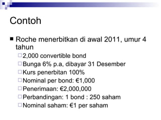 Contoh Roche menerbitkan di awal 2011, umur 4 tahun 2,000 convertible bond Bunga 6% p.a, dibayar 31 Desember Kurs penerbitan 100% Nominal per bond: €1,000 Penerimaan: €2,000,000 Perbandingan: 1 bond : 250 saham Nominal saham: €1 per saham 