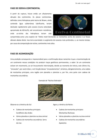 De onde veio tanta água?

FASE DE DERIVA CONTINENTAL

A partir da ruptura, houve então um afastamento
abrupto dos continentes. As placas continentais,
definidas como hidroplacas pela teoria de Brown, ainda
contendo   água     subterrânea   lubrificante,    teriam
deslizado rapidamente pelo oceano (numa velocidade
aproximada de 60 km/h), até encontrarem resistência,
onde    as rochas   das    hidroplacas    teriam      sido
comprimidas como uma espécie de "efeito mola",formando as montanhas acima do oceano e as fossas
abissais abaixo deste. Isso teria acarretado o surgimento de oceanos mais profundos, e, ao mesmo tempo,
por causa da compactação de rochas, continentes mais altos.




FASE DE ACOMODAÇÃO

Uma predição consequente e imprescindível para a confirmação desse raciocínio é que a movimentação de
um continente nessas condições iria produzir traços geofísicos permanentes, a saber: Se um continente
estiver em movimento, ao ser bruscamente interrompido, devido ao momento de inércia, este último iria,
                             bruscamente
"encavalar", por assim dizer, e em função desses "encavalamentos", teríamos, obrigatoriamente, uma cadeia
de montanhas principais, uma região com planaltos e planícies e, por fim, uma par com cadeias de
                                                                              parte
montanhas secundárias.

                                      Exemplo de "Rochas Dobradas"




Observe-se a América do Sul:                                 Agora, a América do Norte:

   •   Cadeias de montanhas principais:                         •   Cadeias de montanhas principais:
       Cordilheira dos Andes                                        Montanhas Rochosas
   •   Vários planaltos e planícies na área central             •   Vários planaltos e planícies na área central
   •   Cadeias de montanhas secundárias: Serra
           ias                                                  •   Cadeias de montanhas secundárias:
       do mar.                                                      Apalaches




                                                                                                                      10
 