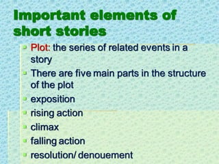 Important elements of
short stories
▪ Plot: the series of related events in a
story
▪ There are five main parts in the structure
of the plot
▪ exposition
▪ rising action
▪ climax
▪ falling action
▪ resolution/ denouement
 