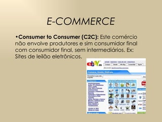E-COMMERCE Consumer to Consumer (C2C):  Este comércio não envolve produtores e sim consumidor final com consumidor final, sem intermediários. Ex: Sites de leilão eletrônicos. 