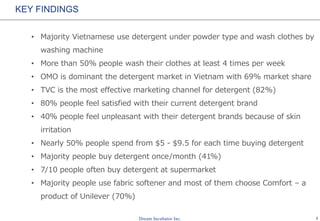 2
KEY FINDINGS
• 8 in 10 Vietnamese internet population have a laptop
• 3 most well – known laptop brands are Dell (86%), Asus (86%) and Acer
(83%)
• Majority people see the brands at electronics stores
• Dell (23%), Asus (17%) and Sony Vaio (15%) are the leaders in laptop
market
• Good quality (66%), trusted brand (60%) and affordable price (59%) are
3 key factors for choosing a laptop
• Vietnamese prefer 13-14 inch laptop
• Web surfing (86%), working (82%) and entertaining (80%) are 3 main
purposes for using a laptop
• Vietnamese own a Dell but desire for a Sony Vaio
 
