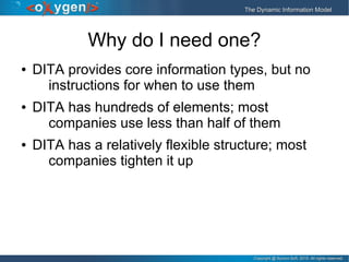 Copyright @ Syncro Soft, 2015. All rights reserved.Copyright @ Syncro Soft, 2015. All rights reserved.
The Dynamic Information ModelThe Dynamic Information Model
Why do I need one?
● DITA provides core information types, but no
instructions for when to use them
● DITA has hundreds of elements; most
companies use less than half of them
● DITA has a relatively flexible structure; most
companies tighten it up
 