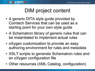 Copyright @ Syncro Soft, 2015. All rights reserved.Copyright @ Syncro Soft, 2015. All rights reserved.
The Dynamic Information ModelThe Dynamic Information Model
DIM project content
● A generic DITA style guide provided by
Comtech Services that can be used as a
starting point for your own style guide
● A Schematron library of generic rules that can
be instantiated to implement actual rules
● oXygen customization to provide an easy
authoring environment for rules and metadata
● XSLT scripts to generate Schematron rules and
an oXygen configuration file
● Other resources (XML Catalog, configuration)
 