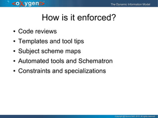 Copyright @ Syncro Soft, 2015. All rights reserved.Copyright @ Syncro Soft, 2015. All rights reserved.
The Dynamic Information ModelThe Dynamic Information Model
How is it enforced?
● Code reviews
● Templates and tool tips
● Subject scheme maps
● Automated tools and Schematron
● Constraints and specializations
 