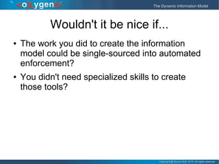 Copyright @ Syncro Soft, 2015. All rights reserved.Copyright @ Syncro Soft, 2015. All rights reserved.
The Dynamic Information ModelThe Dynamic Information Model
Wouldn't it be nice if...
● The work you did to create the information
model could be single-sourced into automated
enforcement?
● You didn't need specialized skills to create
those tools?
 