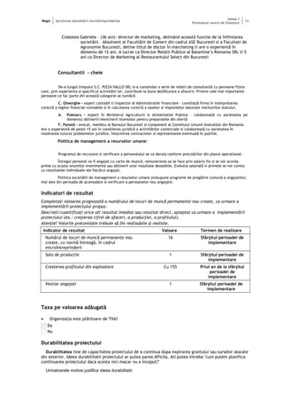 Regio Sprijinirea dezvoltării microîntreprinderilor
Anexa 1
Formularul cererii de finanţare
13
Ciobotea Gabriela – (36 ani)- director de marketing, detinând această functie de la înfiintarea
societătii. Absolvent al Facultătii de Comert din cadrul ASE Bucuresti si a Facultati de
Agronomie Bucuresti, detine titlul de doctor în marcheting ti are o experientă în
domeniu de 12 ani. A lucrat ca Director Relatii Publice al Balantine’s Romania SRL ti 5
ani ca Director de Marketing al Restaurantului Select din Bucuresti
Consultantii - cheie
De-a lungul timpului S.C. PIZZA HALLO SRL si-a consolidat o serie de relatii de consultantă cu persoane fizice
care, prin experienta si specificul activitătii lor, contribuie la buna desfăturare a afacerii. Printre cele mai importante
persoane ce fac parte din această categorie se numără:
C. Gheorghe – expert contabil ti inspector al Administratiei financiare – consiliază firma în interpretarea
corectă a legilor financiar-contabile si în calcularea corectă a taxelor si impozitelor datorate institutiilor statului;
A. Poenaru – expert în Ministerul Agriculturii si Alimentatiei Publice – colaborează cu societatea pe
domeniul obtinerii/mentinerii licentelor pentru preparatele din ofertă
F. Panaid – avocat, membru al Baroului Bucuresti si component al Consiliului Uniunii Avocatilor din Romania.
Are o experientă de peste 15 ani în consilierea juridică a activitătilor comerciale si colaborează cu societatea în
rezolvarea tuturor problemelor juridice, întocmirea contractelor si reprezentarea eventuală în justitie.
Politica de management a resurselor umane:
Programul de recrutare si verificare a personalului se va derula conform precizărilor din planul operational.
Întregul personal va fi angajat cu carte de muncă, remunerarea sa se face prin salariu fix si se vor acorda
prime cu ocazia anumitor evenimente sau obtinerii unor rezultate deosebite. Evolutia salarială si primele se vor corela
cu rezultatele individuale ale fiecărui angajat.
Politica societătii de management a resurselor umane presupune programe de pregătire comună a angajatilor,
mai ales din perioada de acomodare si verificare a persoanelor nou angajate.
Indicatori de rezultat
Completaţi valoarea prognozată a numărului de locuri de muncă permanente nou create, ca urmare a
implementării proiectului propus.
Descrieţi/cuantificaţi orice alt rezultat imediat sau rezultat direct, aşteptat ca urmare a implementării
proiectului (ex.: creşterea cifrei de afaceri, a producţiei, a profitului).
Atenţie! Valorile preconizate trebuie să fie realizabile şi realiste.
Indicator de rezultat Valoare Termen de realizare
Numărul de locuri de muncă permanente nou
create, cu normă întreagă, în cadrul
microîntreprinderii
16 Sfârşitul perioadei de
implementare
Sala de productie 1 Sfârşitul perioadei de
implementare
Cresterea profitului din exploatare Cu 15% Priul an de la sfârşitul
perioadei de
implementare
Vestiar angajati 1 Sfârşitul perioadei de
implementare
Taxa pe valoarea adăugată
• Organizaţia este plătitoare de TVA?
Da
Nu
Durabilitatea proiectului
Durabilitatea tine de capacitatea proiectului de a continua dupa expirarea grantului sau surselor alocate
din exterior. Ideea durabilitatii proiectului ar putea parea dificila. Ati putea intreba "cum putem planifica
continuarea proiectului daca acesta nici macar nu a inceput?"
Urmatoarele motive justifica ideea durabilitatii:
 