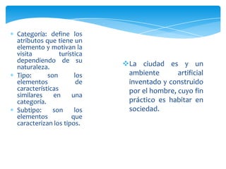 Categoría: define los
atributos que tiene un
elemento y motivan la
visita turística
dependiendo de su
naturaleza.
Tipo: son los
elementos de
características
similares en una
categoría.
Subtipo: son los
elementos que
caracterizan los tipos.
La ciudad es y un
ambiente artificial
inventado y construido
por el hombre, cuyo fin
práctico es habitar en
sociedad.
 