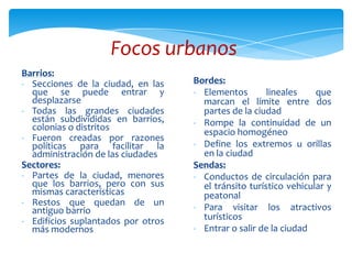 Focos urbanos
Barrios:
- Secciones de la ciudad, en las
que se puede entrar y
desplazarse
- Todas las grandes ciudades
están subdivididas en barrios,
colonias o distritos
- Fueron creadas por razones
políticas para facilitar la
administración de las ciudades
Sectores:
- Partes de la ciudad, menores
que los barrios, pero con sus
mismas características
- Restos que quedan de un
antiguo barrio
- Edificios suplantados por otros
más modernos
Bordes:
- Elementos lineales que
marcan el límite entre dos
partes de la ciudad
- Rompe la continuidad de un
espacio homogéneo
- Define los extremos u orillas
en la ciudad
Sendas:
- Conductos de circulación para
el tránsito turístico vehicular y
peatonal
- Para visitar los atractivos
turísticos
- Entrar o salir de la ciudad
 