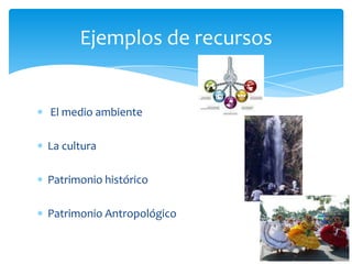 Ejemplos de recursos
El medio ambiente
La cultura
Patrimonio histórico
Patrimonio Antropológico
 