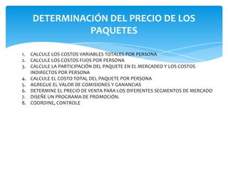 DETERMINACIÓN DEL PRECIO DE LOS
PAQUETES
1. CALCULE LOS COSTOS VARIABLES TOTALES POR PERSONA
2. CALCULE LOS COSTOS FIJOS POR PERSONA
3. CALCULE LA PARTICIPACIÓN DEL PAQUETE EN EL MERCADEO Y LOS COSTOS
INDIRECTOS POR PERSONA
4. CALCULE EL COSTO TOTAL DEL PAQUETE POR PERSONA
5. AGREGUE EL VALOR DE COMISIONES Y GANANCIAS
6. DETERMINE EL PRECIO DE VENTA PARA LOS DIFERENTES SEGMENTOS DE MERCADO
7. DISEÑE UN PROGRAMA DE PROMOCIÓN.
8. COORDINE, CONTROLE
 