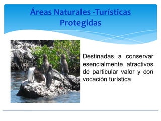 Áreas Naturales -Turísticas
Protegidas
Destinadas a conservar
esencialmente atractivos
de particular valor y con
vocación turística
 