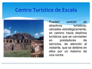 Centro Turístico de Escala
Pueden carecer de
atractivos turísticos,
ubicados estratégicamente,
en camino hacia destinos
turísticos que se convierten
en prestadores de
servicios, de atención al
visitante, que se detiene en
ellos por un máximo de
una noche
 