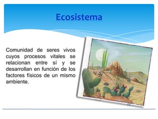 Ecosistema
Comunidad de seres vivos
cuyos procesos vitales se
relacionan entre sí y se
desarrollan en función de los
factores físicos de un mismo
ambiente.
 