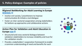 REgional NetWorking for Adult Learning in Europe
RENEWAL
• Involve civil society / practitioners to improve
communication & initiate a real dialogue
• Foster an inter-sectorial cooperation among stakeholders
for bottom-up approaches and collaborative actions
Action Plan for Validation and Adult Education in
Europe AVA
• Structured and cross sectorial dialogue between
validation stakeholders to increase reliability and trust for
the validation results
• Provide a stakeholders’ cooperation framework to enable
a common understanding of need and benefits for each
5. Policy dialogue: Examples of policies
 