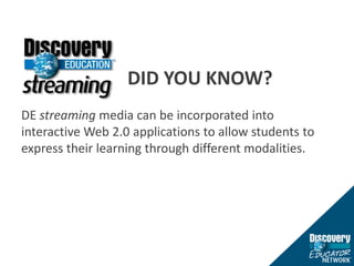 						DID YOU KNOW?DE streaming media can be incorporated into interactive Web 2.0 applications to allow students to express their learning through different modalities.