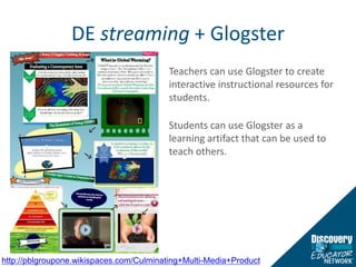DE streaming + Glogster Teachers can use Glogster to create interactive instructional resources for students.Students can use Glogster as a learning artifact that can be used to teach others. http://pblgroupone.wikispaces.com/Culminating+Multi-Media+Product