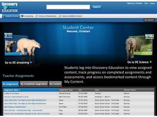 Students log into Discovery Education to view assigned content, track progress on completed assignments and assessments, and access bookmarked content through My Content.