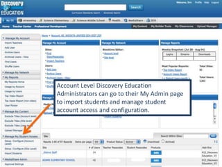 Account Level Discovery Education Administrators can go to their My Admin page to import students and manage student account access and configuration.