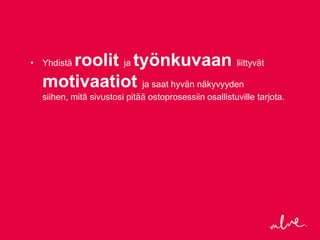 roolit ja työnkuvaan liittyvät
• Yhdistä

  motivaatiot ja saat hyvän näkyvyyden
  siihen, mitä sivustosi pitää ostoprosessiin osallistuville tarjota.
 