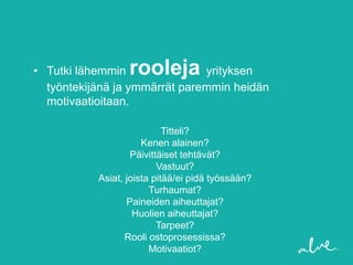 • Tutki lähemmin  rooleja      yrityksen
  työntekijänä ja ymmärrät paremmin heidän
  motivaatioitaan.

                            Titteli?
                      Kenen alainen?
                   Päivittäiset tehtävät?
                          Vastuut?
           Asiat, joista pitää/ei pidä työssään?
                        Turhaumat?
                  Paineiden aiheuttajat?
                    Huolien aiheuttajat?
                          Tarpeet?
                  Rooli ostoprosessissa?
                        Motivaatiot?
 