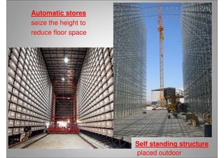 Automatic stores
seize the height to
reduce floor space
Self standing structure
placed outdoor
 