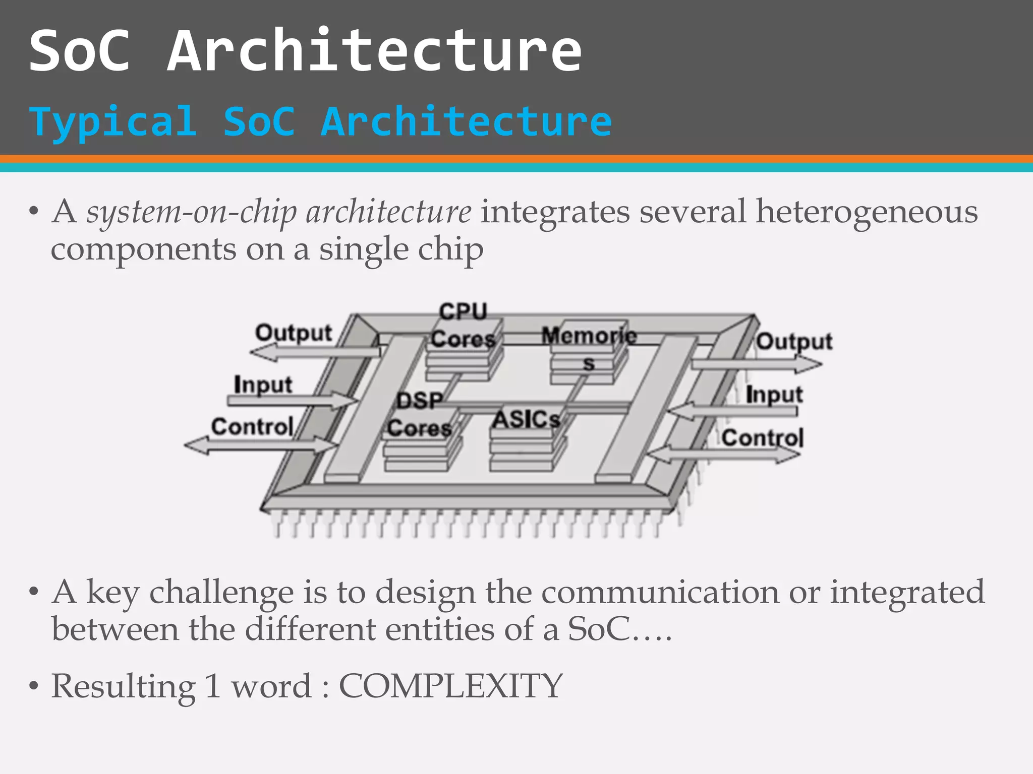 • A system-on-chip architecture integrates several heterogeneous
components on a single chip
• A key challenge is to design the communication or integrated
between the different entities of a SoC….
• Resulting 1 word : COMPLEXITY
SoC Architecture
Typical SoC Architecture
 