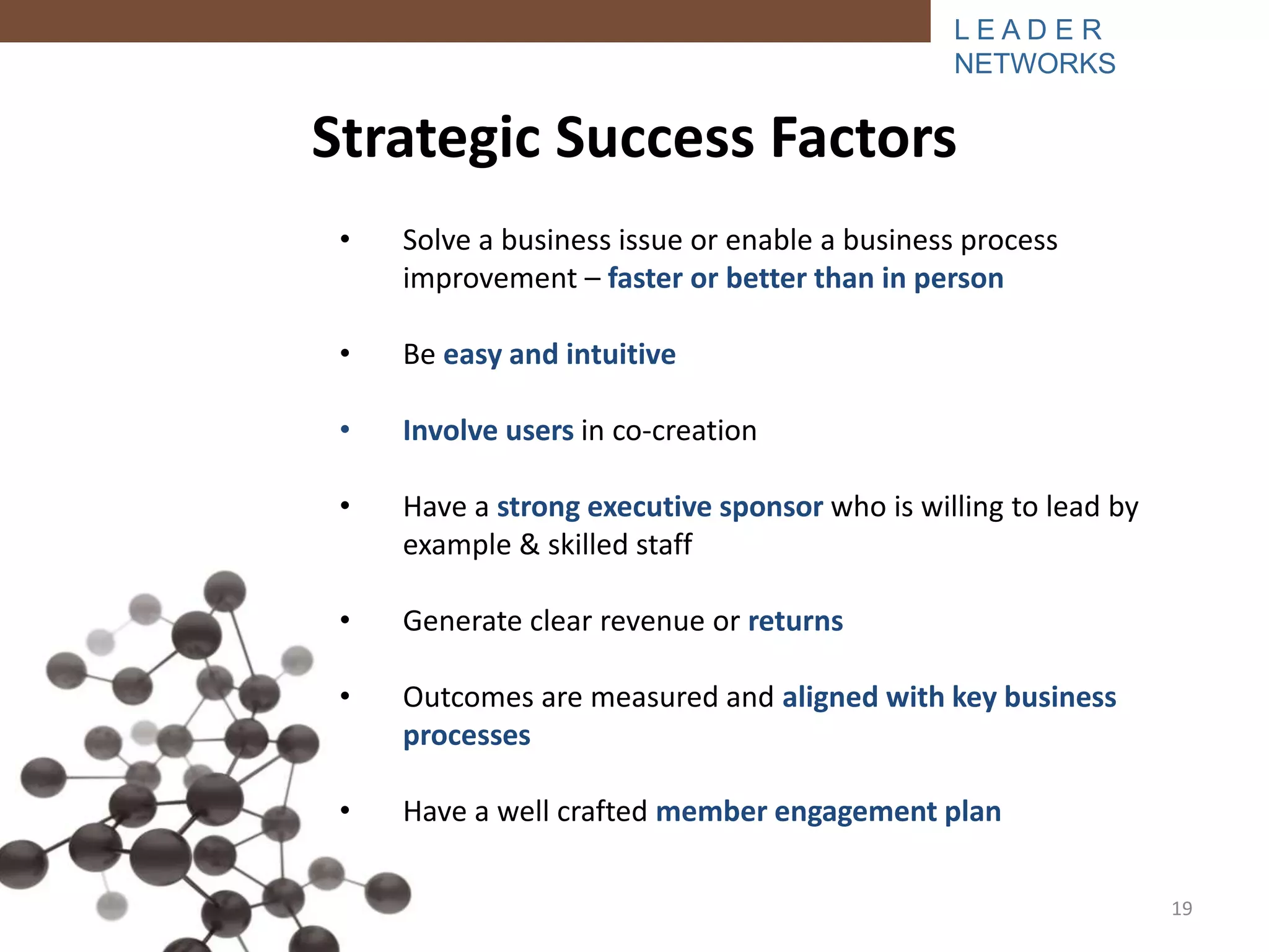 L E A D E R 
NETWORKS 
Strategic Success Factors 
• Solve a business issue or enable a business process 
Copyright © 2014 Leader Networks, LLC 
improvement – faster or better than in person 
• Be easy and intuitive 
• Involve users in co-creation 
• Have a strong executive sponsor who is willing to lead by 
example & skilled staff 
• Generate clear revenue or returns 
• Outcomes are measured and aligned with key business 
processes 
• Have a well crafted member engagement plan 
19 
 