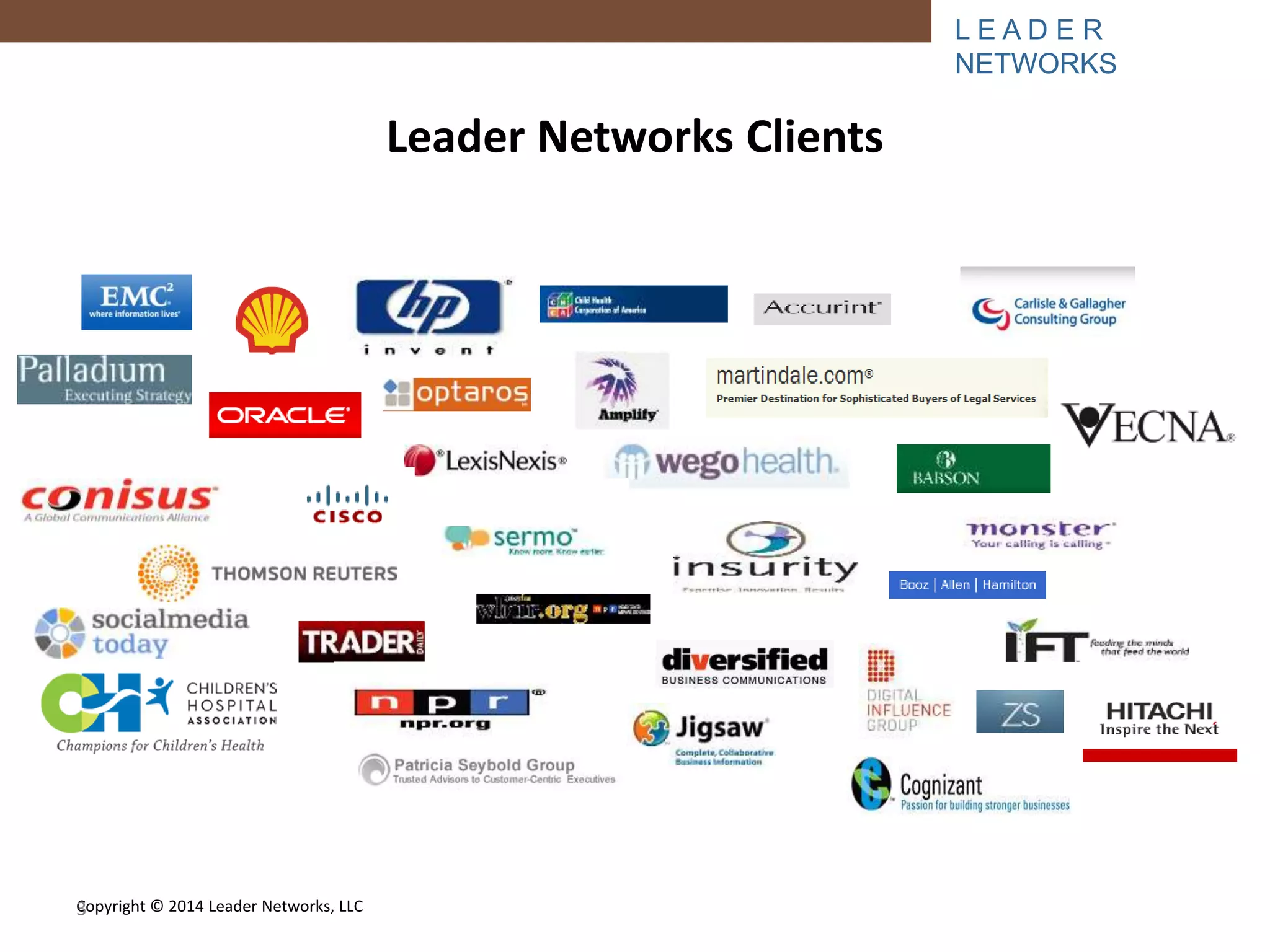 L E A D E R 
NETWORKS 
Copyright © 2014 Leader Networks, LLC 
Leader Networks Clients 
3 
 