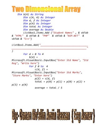 Dim b(4) As String
Dim c(4, 4) As Integer
Dim d, f As Integer
Dim p(4) As Integer
Dim total As Integer
Dim average As Double
ListBox1.Items.Add ("Student Names" , & vbTab
& "HTML" & vbTab & "PHP" & vbTab & "ASP.NET" &
vbTab & "C++")
ListBox1.Items.Add("_________________________________
____________________________________________________"
)
For d = 0 To 4
b(d) =
Microsoft.VisualBasic.InputBox("Enter Std Name", "Std
Reg", "Write here")
For f 0 to 4
c(d, f) =
Microsoft.VisualBasic.InputBox("Enter Std Marks",
"Store Marks", "Enter here")
p(f) = c(d, f)
total = p(0) + p(1) + p(0) + p(2) +
p(3) + p(4)
average = total / 5
 