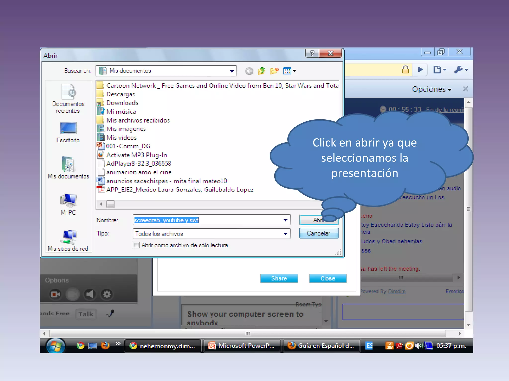Click en abrir ya que seleccionamos la presentación