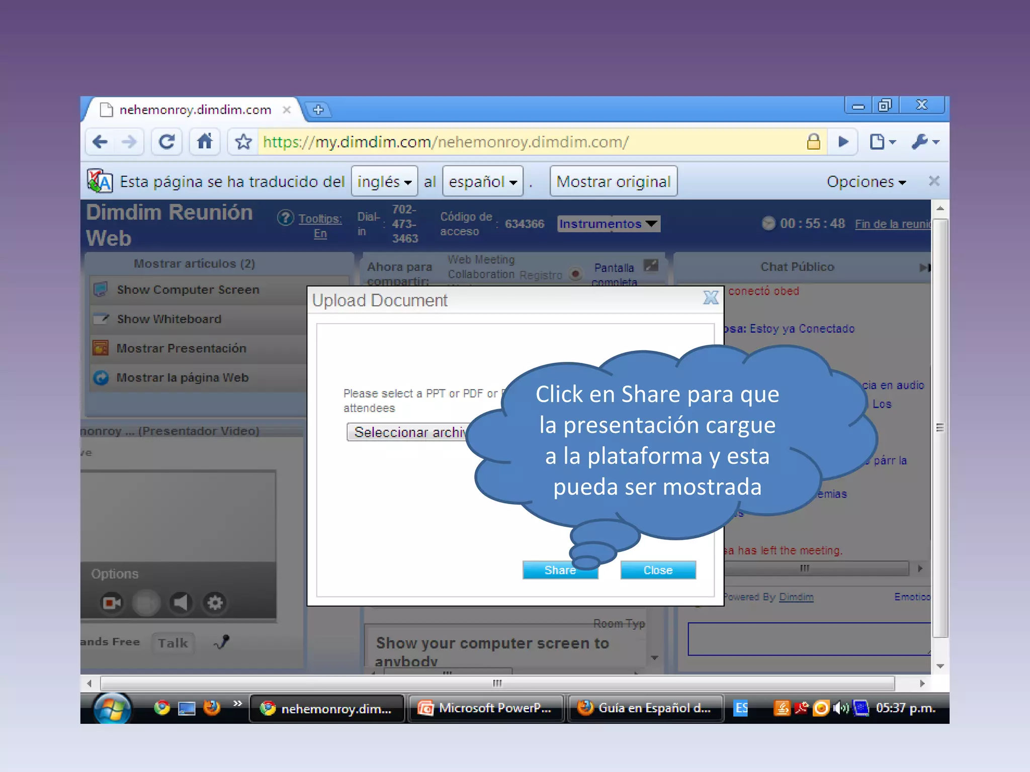 Click en Share para que la presentación cargue a la plataforma y esta pueda ser mostrada
