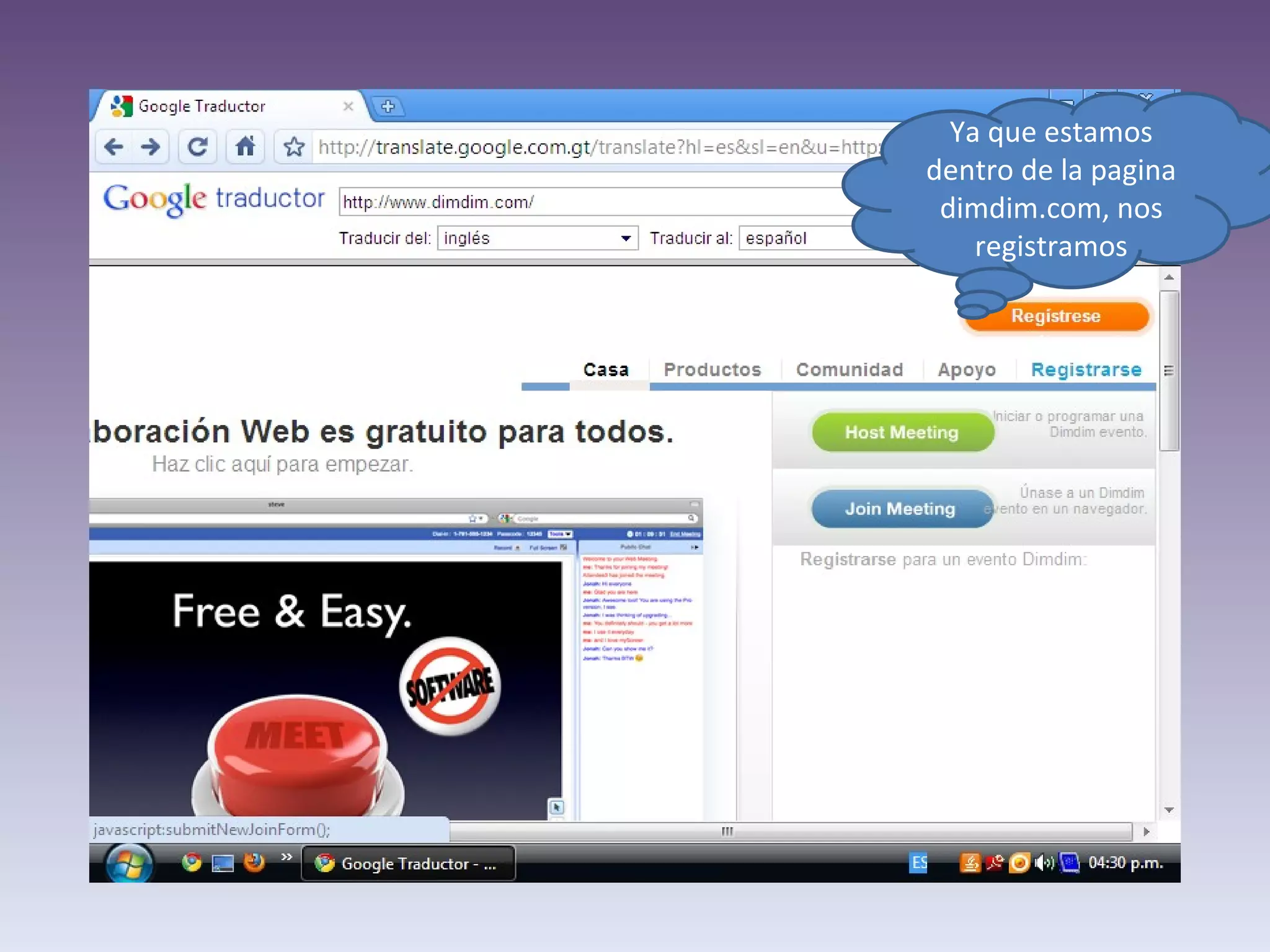 Ya que estamos dentro de la pagina dimdim.com, nos registramos