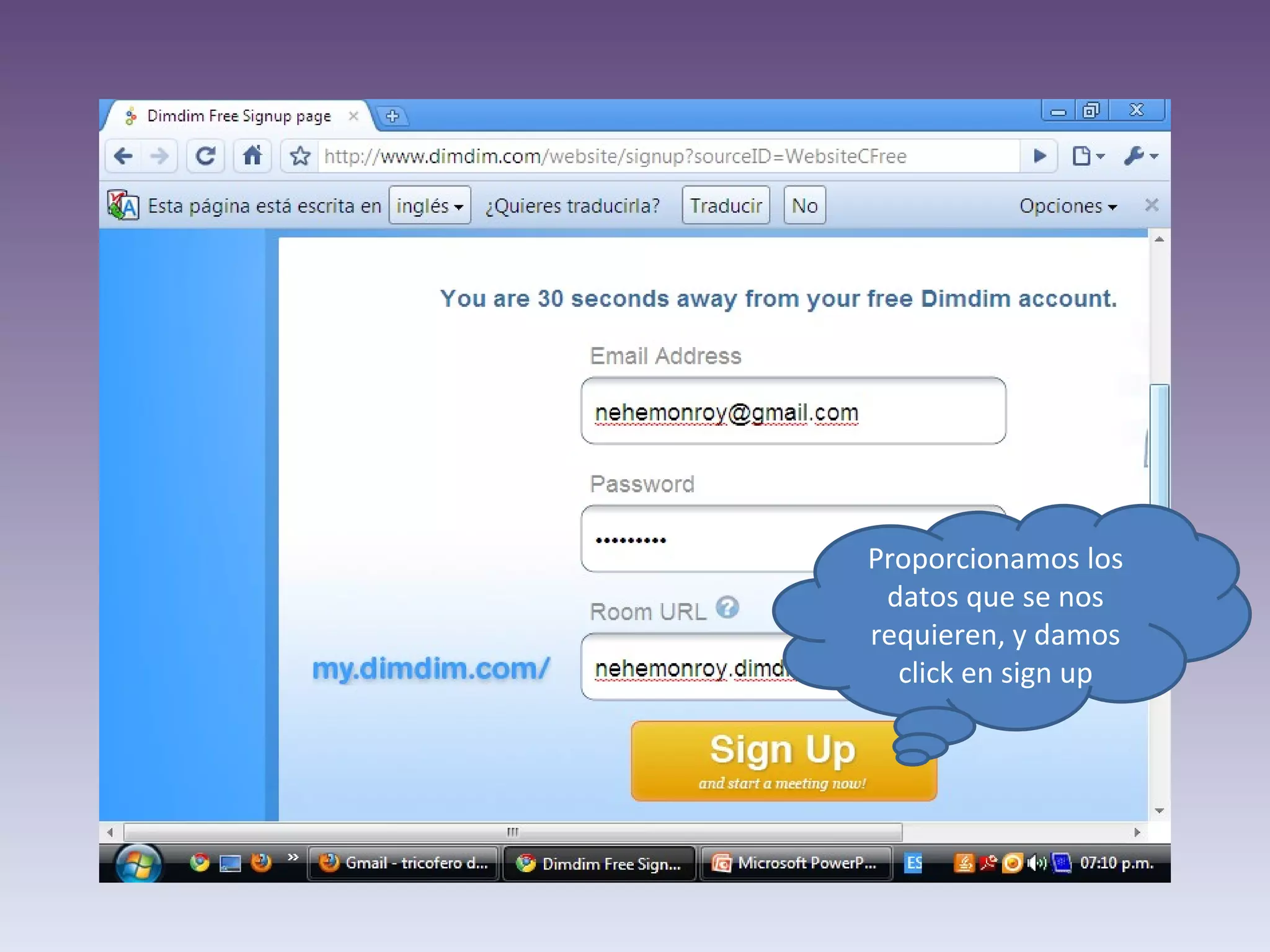 Proporcionamos los datos que se nos requieren, y damos click en sign up