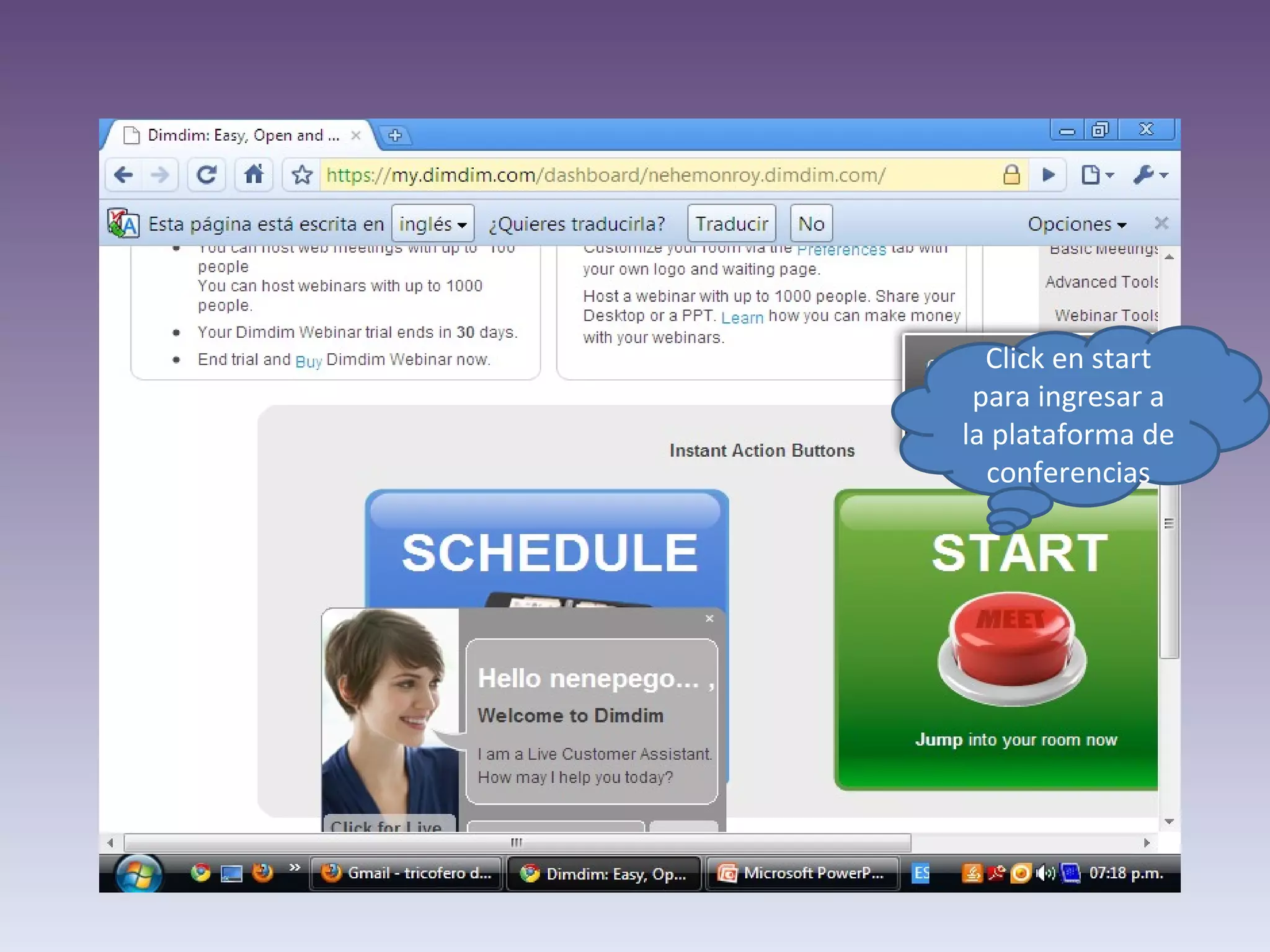 Click en start para ingresar a la plataforma de conferencias