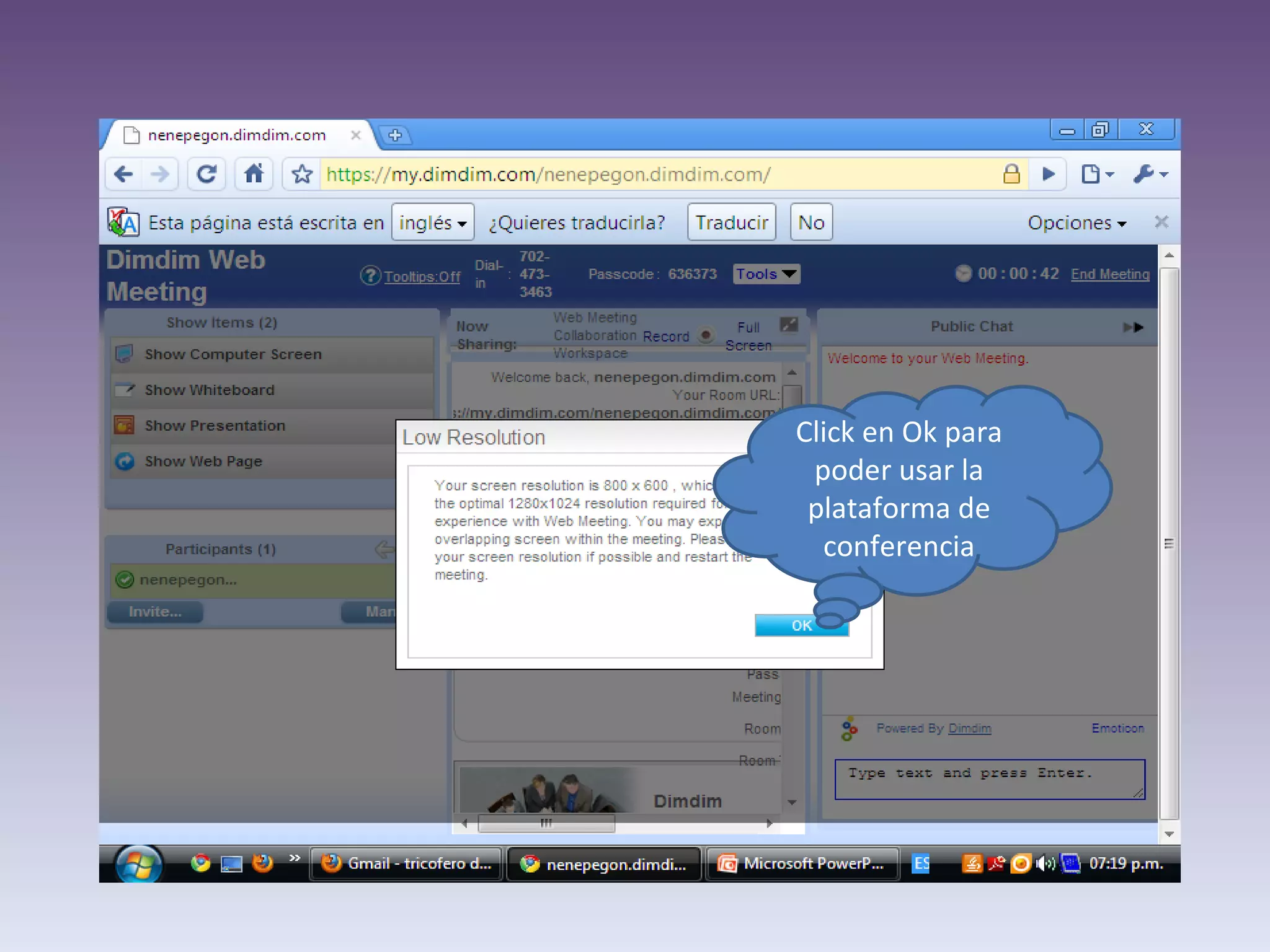 Click en Ok para poder usar la plataforma de conferencia
