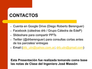 CONTACTOS
– Cuenta en Google Drive (Diego Roberto Berenguer)
– Facebook (cátedras drb / Grupo Cátedra de EdeP)
– Slideshare para compartir PPTs
– Twitter (@drberenguer) para consultas cortas antes
de los parciales/ entregas
– Email (drb_utn@yahoo.com.ar; drb.utn@gmail.com)
Esta Presentación fue realizada tomando como base
las notas de Clase del Ingeniero José Massón
 