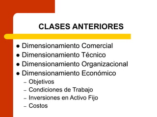 CLASES ANTERIORES
 Dimensionamiento Comercial
 Dimensionamiento Técnico
 Dimensionamiento Organizacional
 Dimensionamiento Económico
– Objetivos
– Condiciones de Trabajo
– Inversiones en Activo Fijo
– Costos
 
